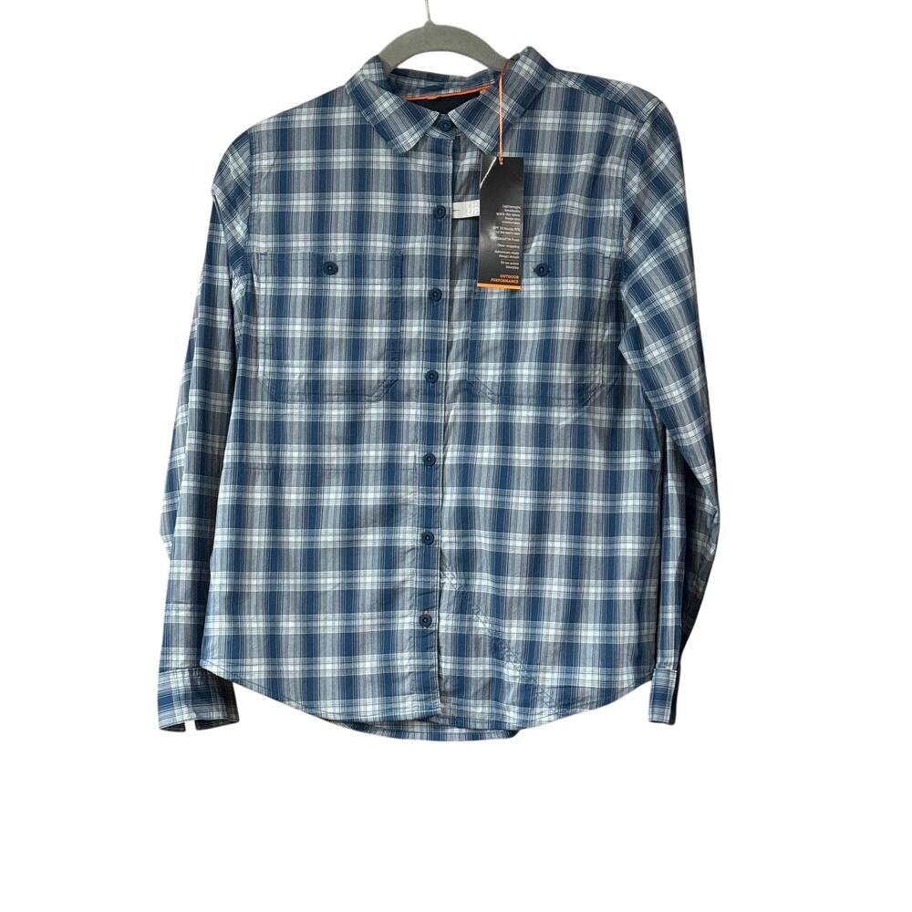 Orvis Outdoor Performance Plaid Long Sleeve Button Shirt Men Small Blue UPF 30